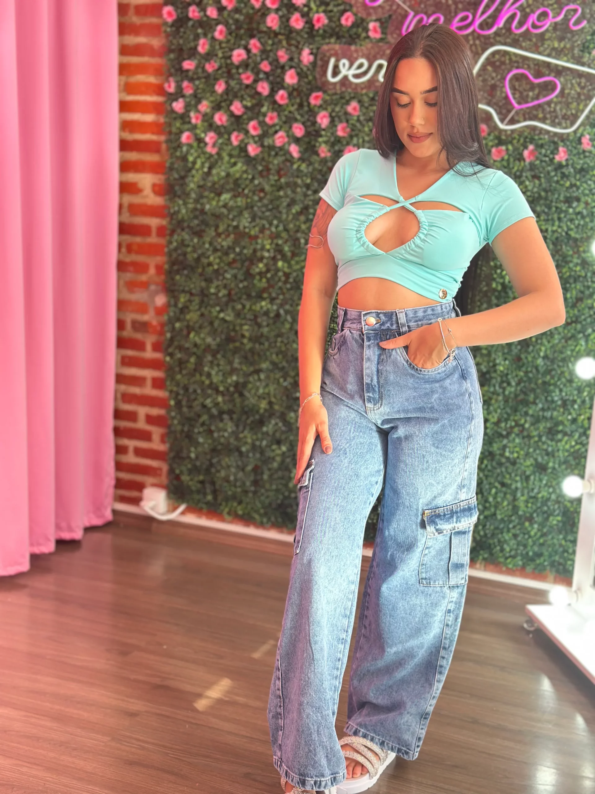 Cropped Pimenta Original_ TAM _ U ( verde água e azul) $70,00 Cropped Pimenta Original - Tamanho único - Imagem 1